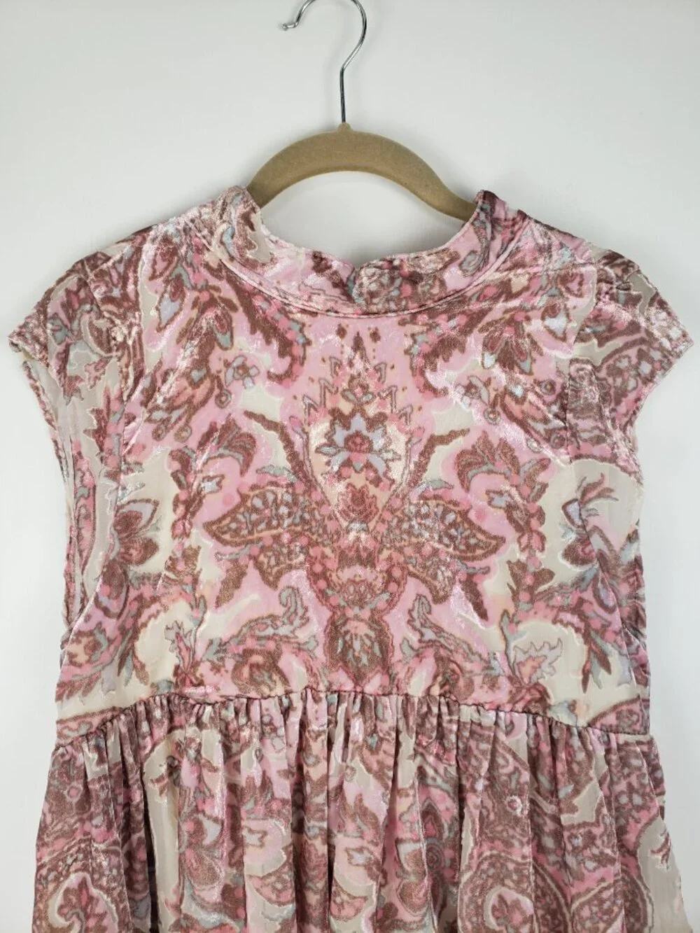 Free People All The Time Velvet Mini Dress Petal Pink Paisley Babydoll Womens XS